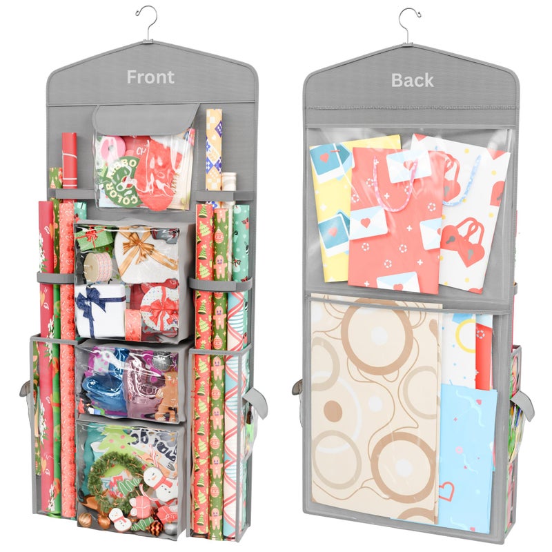 ProPik Hanging Double Sided Christmas Wrapping Paper Storage Organizer With Multiple Pockets, Organize Gift Wrap, Bows, Ribbons - 40"X17" Fits 40 Inch Rolls - Clear PVC Bag (Grey) - Image 1